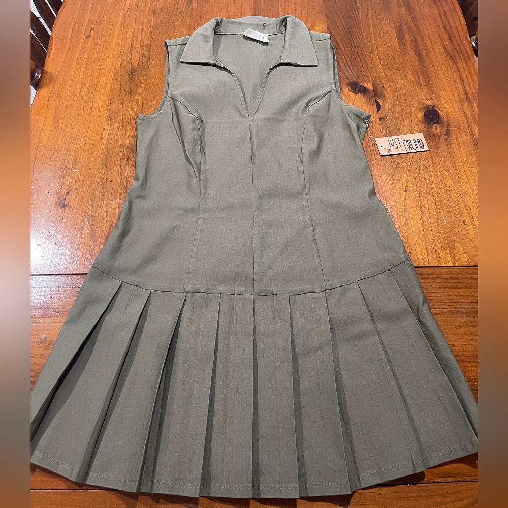 NWT Just Found Womens Army Olive Green Collared Sleeveless‎ Pleated Dress Size L